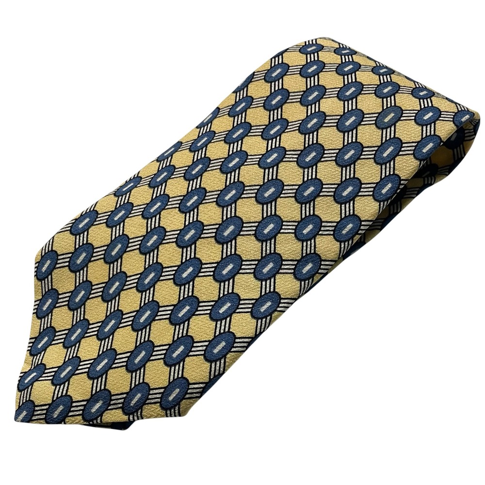 Vtg Liberty of London‎ Mens Silk Tie Gold Navy Blue Geometric Oval Pattern USA